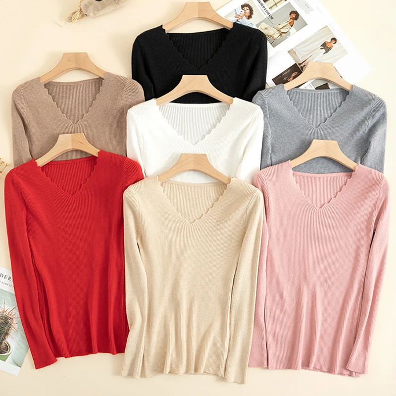 

OUMENGKA Autumn V Neck Knitted Fashion Women Sweaters 2019 Winter Tops For Women Pullover Jumper Pull Femmel Rib Knit Sweater