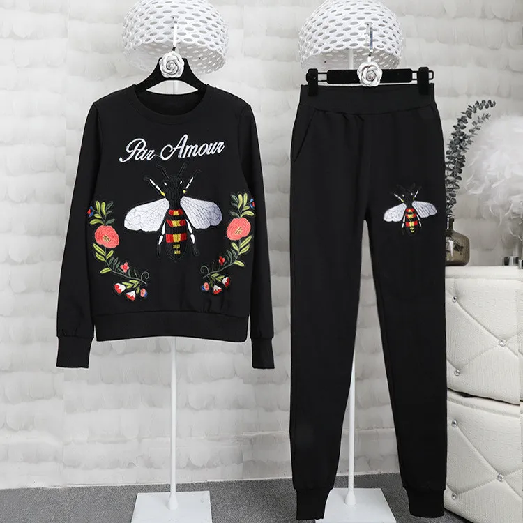 Noir Brodé Shirts Femmes Costume Sport Deux Décontracté Loisirs De Ensemble Pantalons D373 Décontractés Printemps Automne 2019 Pièces waaRgnqxB