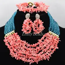 6 рядов Голубой Кристалл бусины микс розовые кораловые бусы ожерелье, набор в нигерийском стиле Свадебные африканская бижутерия Набор CJ563