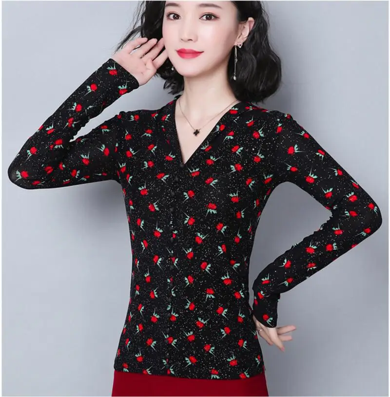 Кружевная женская блуза с длинным рукавом и v-образным вырезом,, корейский принт, блестящий люрекс, кружева, Женские топы и блузки, тонкая рубашка размера плюс, женская блуза