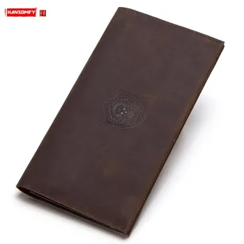 

Long Men's Wallet Genuine Leather Two Fold Clutch Bag Male Card Holder Coin Purses Skull Wallets New Retro Crazy Horse Leather