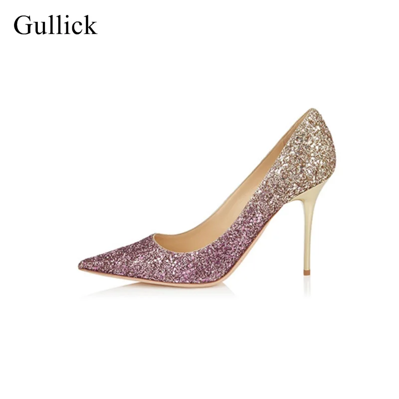

Women Bling Bling Glitter Gradually Changing Color Stiletto Heels Pumps Pointed Toe Slip-On Sequin Dress Shoes Gold Heels Pumps