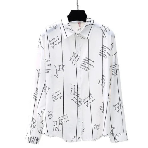 

2019 Korean Version Summer Cotton Letters Printed Stripes Shirt Students Office Lady Turn-down Collar Sweatshirt Streetwear