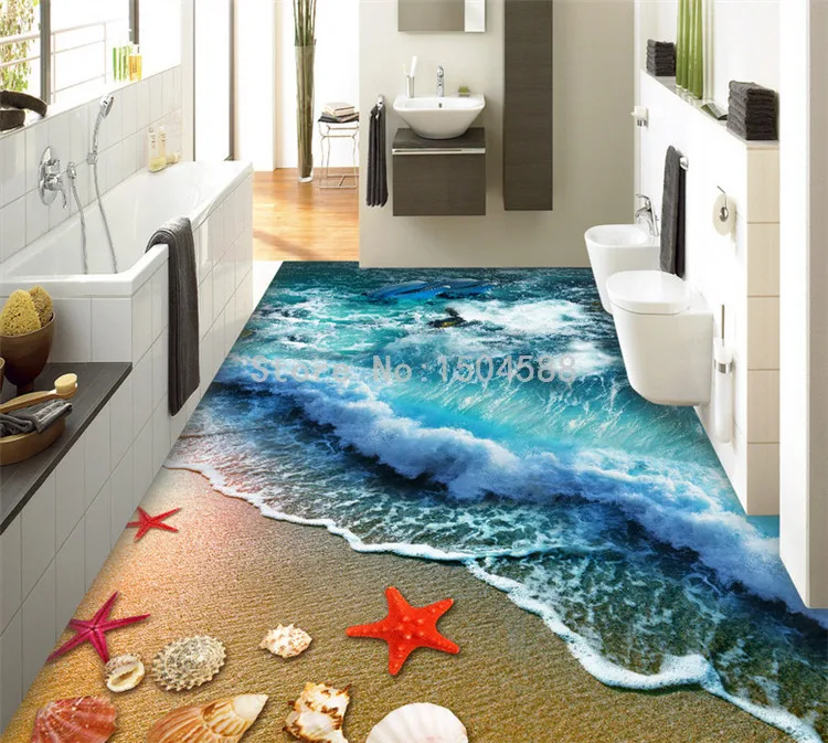 3D плитка для пола Пляж; морские волны фотообои Гостиная Ванная комната ПВХ самоклеющиеся водонепроницаемые обои пол наклейка
