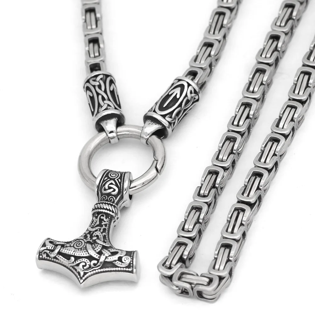 

Nordic viking rune with thor hammer pendant necklace stainless steel -king chain with valknut gift bag