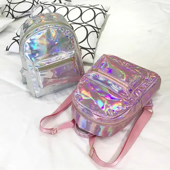 

Silver Gold Pink Laser Backpack women girls Bag leather Holographic Backpack school bags for teenage girls