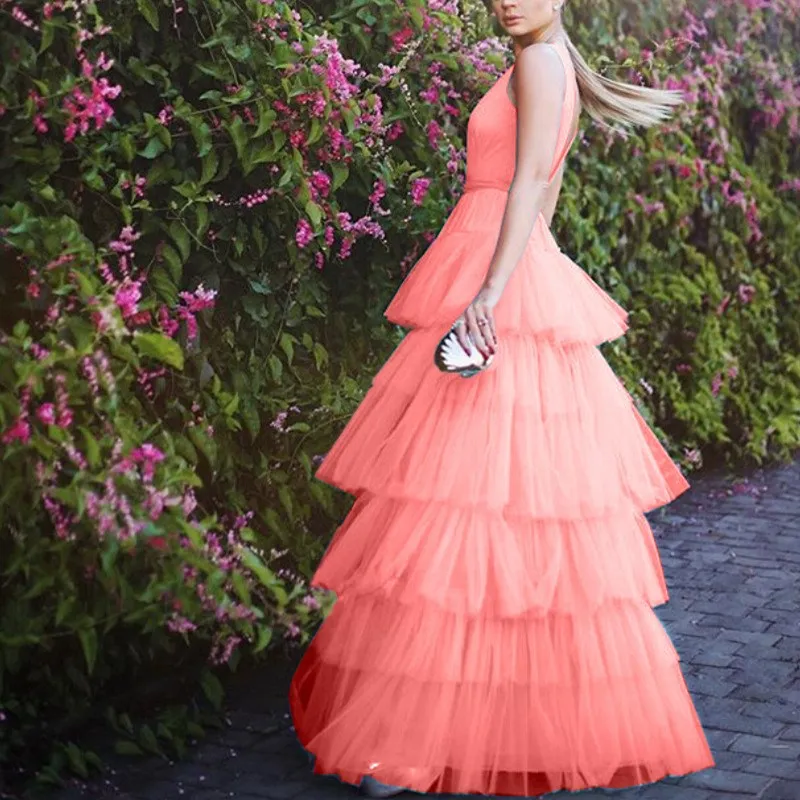 

Fashion 2019 Women Summer Deep V-Neck Backless Dress Spaghetti Strap Mesh Long Dress High Waist Sleeveless Sundress