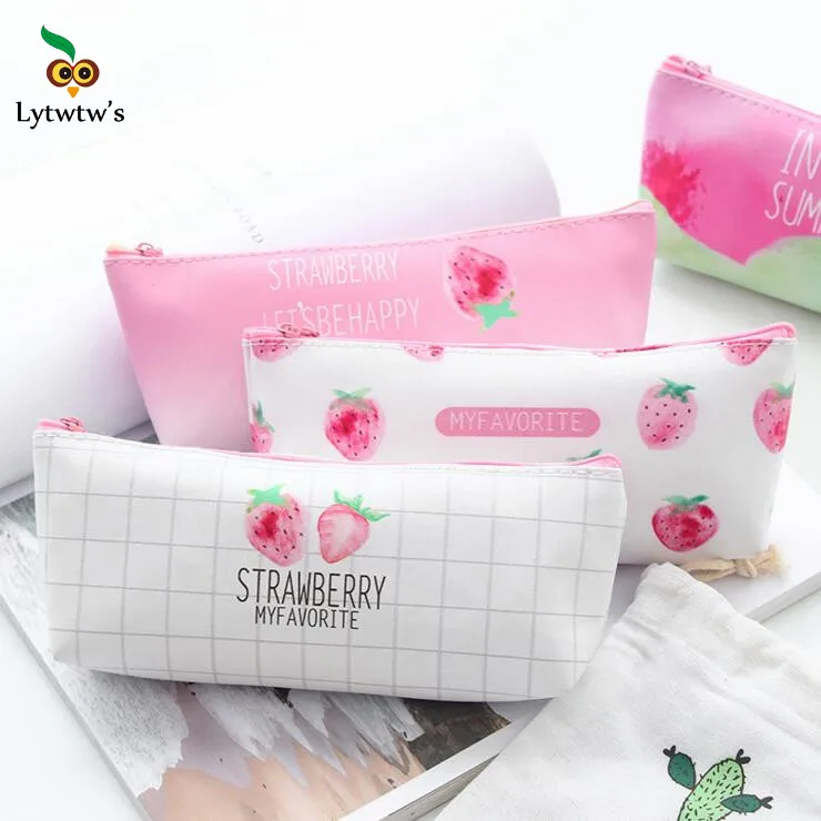 

1 Piece Lytwtw's New Cute Cartoon Fruit Strawberry Portable Pen Pencil Bag Case Pocket Pounch PU School Stationary
