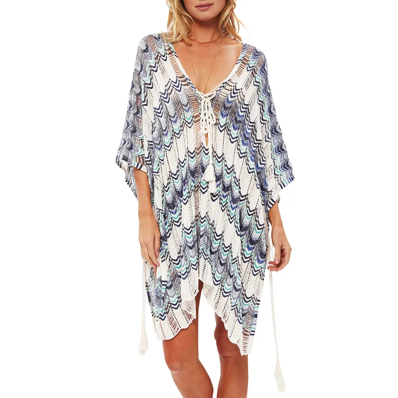 

Sexy Women Knit Bikini Cover Up Tassels Lace Up Contrast Color dress for beach 2019 V Neck Hollow Out Summer Beachwear Swimwear