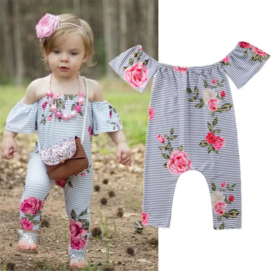 

Newborn Baby Toddler Kids Girl Cotton Off-shoulder Floral Romper Jumpsuit Stripe Cotton Clothes Outfit Casual Summer 0-3T