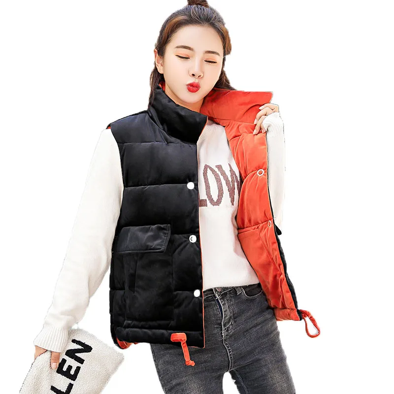 

Gold Velvet Cotton Jacket Women Fashion Winter Jacket Women Veste Femme Waistcoat Stand Collar Pocket Vest Women Two Side Wear