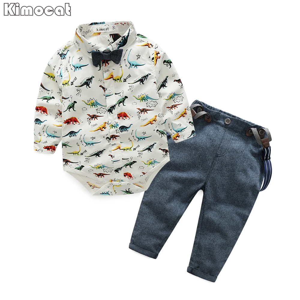 

2017 Spring Newborn Baby Clothes Gentleman Baby Boy Dinosaur Garment+Overalls Fashion Baby Boy Clothes