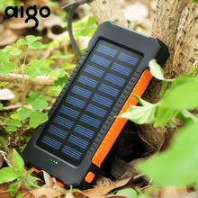Aigo 10000mAh Portable 2 USB Compact Waterproof Powerful LED Light Solar Power Bank External Battery Quick Charger With Hook