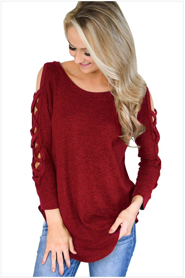 

Women Burgundy T-shirts Tee Women Long Sleeve Hollow Out Fashion Tee Fashion Solid Autumn Fall Winer Female T Shirt