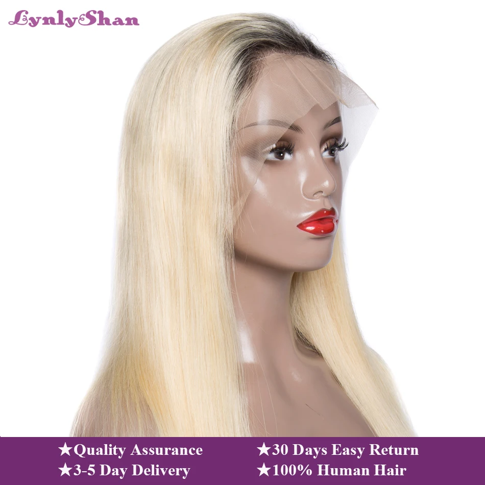 

Lynlyshan Straight Ombre Black 1b 613 Brazilian Lace Wigs Peruvian Remy Human Hair with Baby Hair Dark Roots Blonde for Women