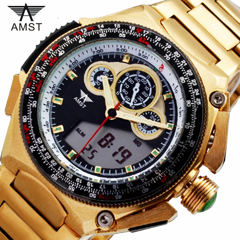 

AMST Gold Sport Watch Men Watches Top Brand Luxury 2018 Wristwatch Male Clock Fashion Golden Stainless Steel Relogio Masculino