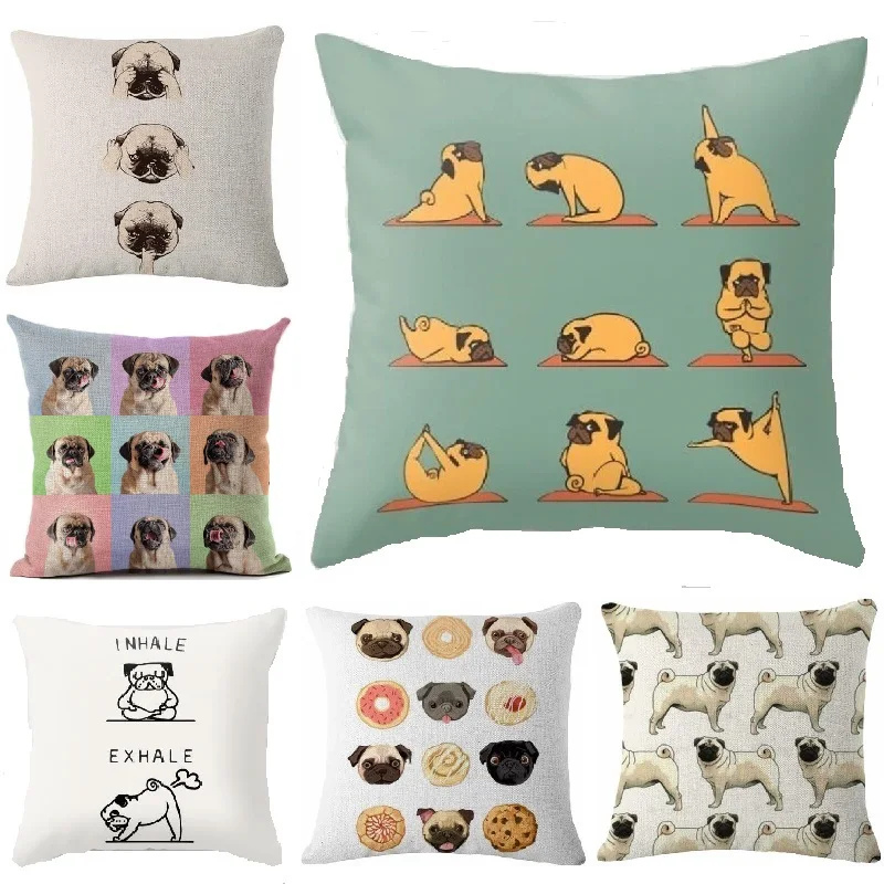 Yoga Pugs Cushion Cover Dog Printing Linen Throw Pillows Car Sofa Pillow Cover Home Decorative ...