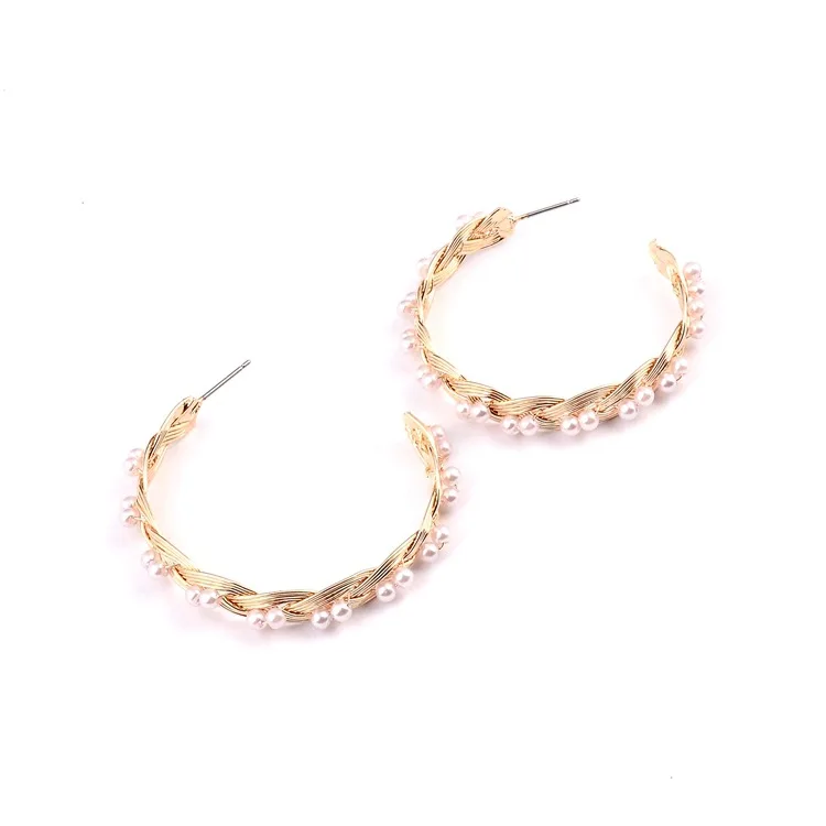 2019 New Trendy Simple Pearl Hoop Earrings Alloy Weave Pearl Earrings For Women Fashion Brand Wedding Party Bridal Jewelry Gift