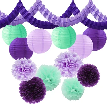

Unicorn Mermaid Birthday Party Decor 14pcs Lavender Purple Mint Green Tissue Paper Pom Pom + Streamers Garland + Paper Lantern