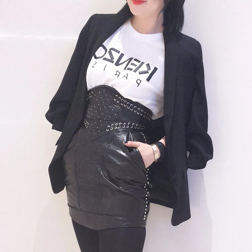 Black High Waist Riviet Above Knee Skirt Genuine Leather Mini Skirt (1)