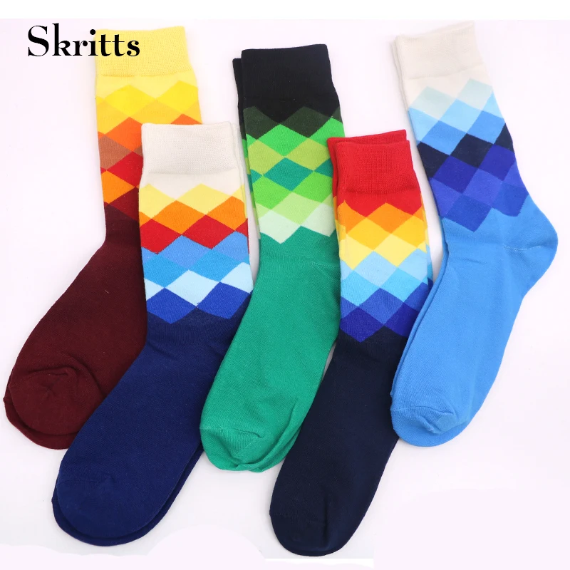 1 пара хлопковых носков для мужчин, осенне-зимние носки, теплые модные разноцветные короткие носки с ромбовидным узором, забавные мужские Компрессионные носки