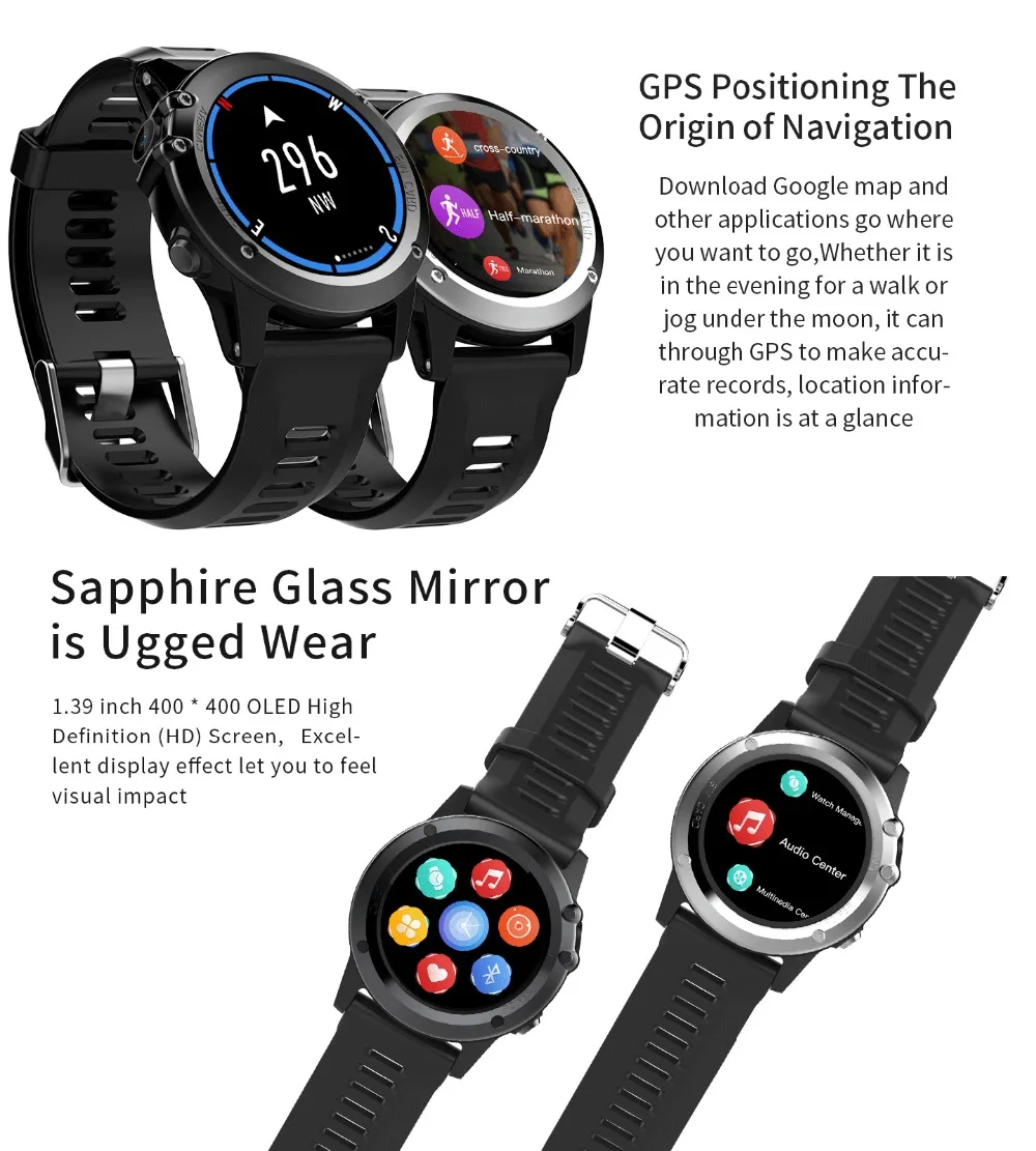 microwear h1 с пульсометр gps WI-FI 5MP камеры smartwatch 1,39 дюйма 400*400 4 GB rom MTK6572 наручные часы Мужчины