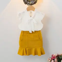 Платья для девочек коллекция 2019 года, новая детская одежда Летний кружевной топ с короткими рукавами + платье с декольте в виде лотоса