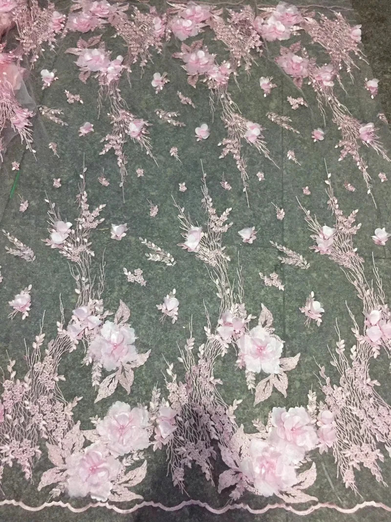 

Free shipping (5yards/pc) high quality baby pink French net lace fabric 3D flowers African tulle lace for party dress FZZ096