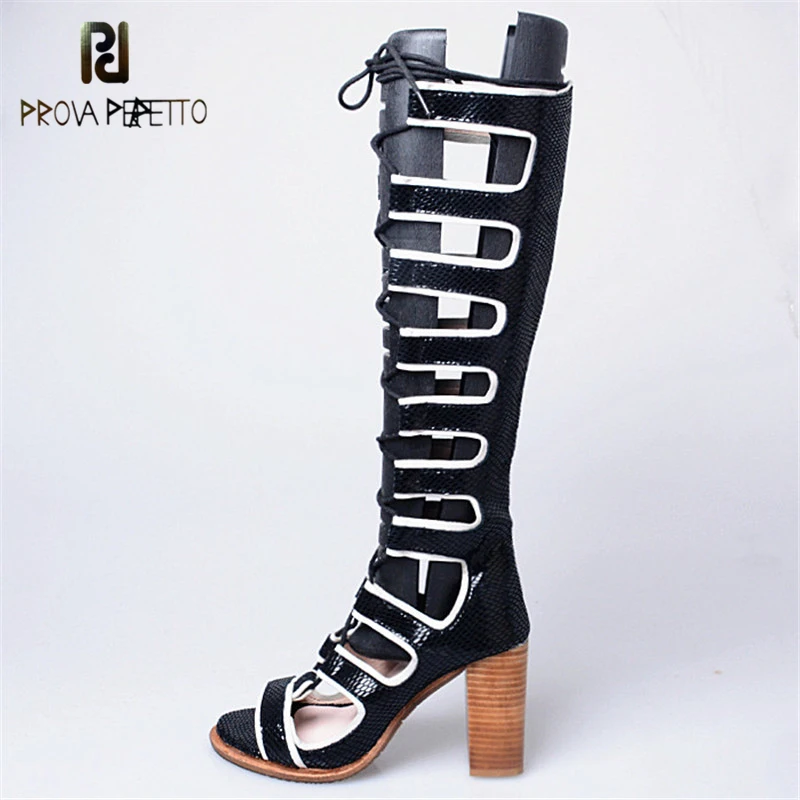 

Prova Perfetto Fashion Punk Style Cross-tied Sheep Genuine Leather Woman Sandals Mature Design Lace Up Chunky High Heel Sandals