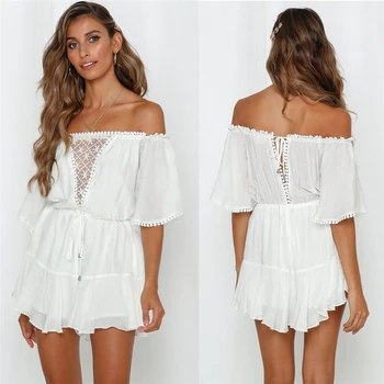 

New Women's Off Shoulder High Waist Jumpsuit Short Sleeve Lace Romper Ladies Tassel White Playsuit Beach Party Wear Summer 2019