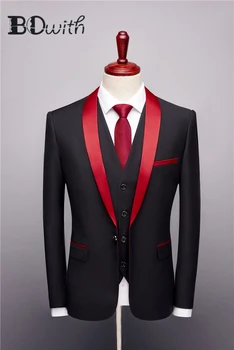 

Black Men Suits One Button Red Shawl Collar 3 Pieces Suits(Jacket+Pants+Vest) Slim Fit Suits Groom Wedding Party Tuxedos