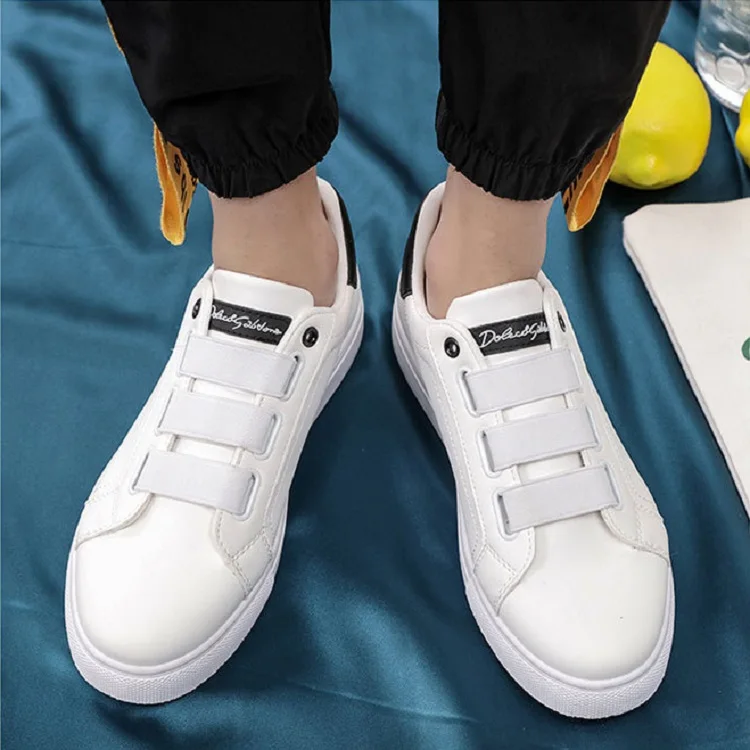 Spring Autumn Man Skateboarding Leather stitching Shoes Sneakers Breathable Elastic band  Hard-Wearing Round head Flat Shoes Man (10)