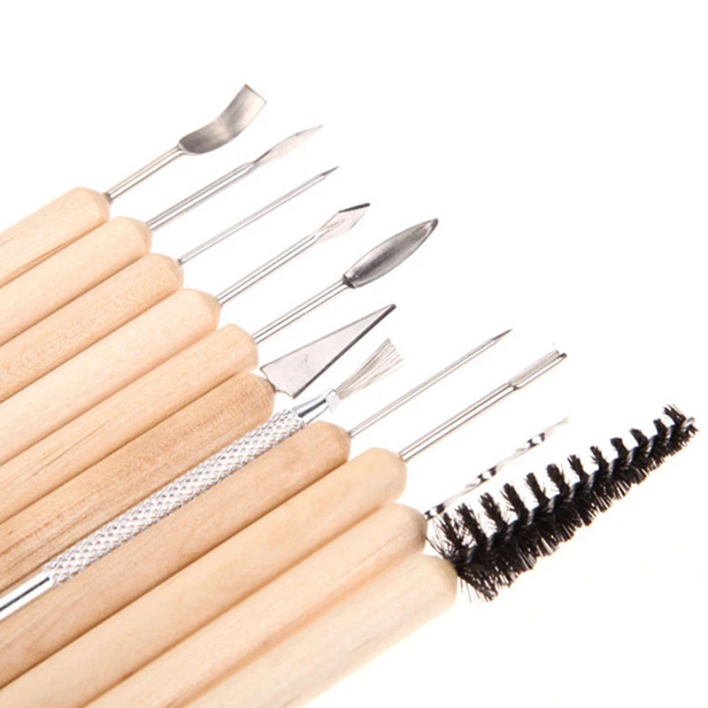 

11pcs DIY Clay Sculpting Smoothing Wax Carving Pottery Ceramic Tools Polymer Shapers Modeling Carved Knife Wood Handle Set