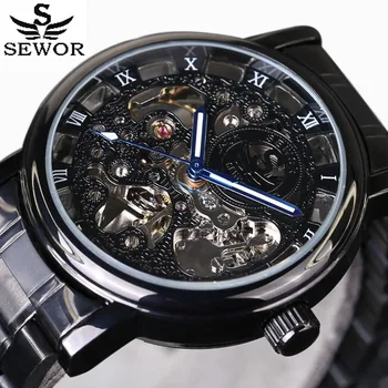 

Hollow Engraving Skeleton Casual Designer Black Stainless Steel Watch Men Luxury Brand 2016 The New Automatic Mechanical Watches