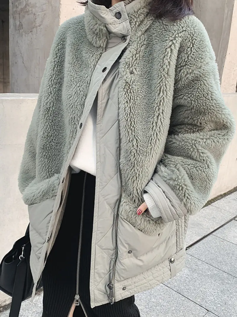 

Lambs Wool Stitching Winter Jacket Women Stand Collar Long Parkas Thicken Warm Cotton Women Jacket Parka Mujer Winter Coat C5653