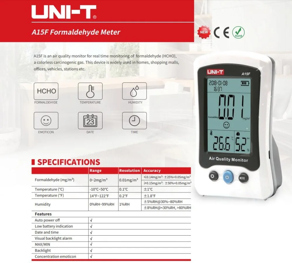 UNI-T A15F монитор качества воздуха детектор формальдегида тестер Измеритель температуры и влажности HCHO перезаряжаемый анализатор газа