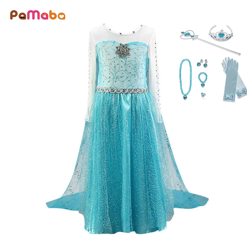 

PaMaBa Girl Fantasy Elsa Princess Dresses Crystal Rhinestone Bodice Sequined Snow Queen Birthday Vestidos Kids Halloween Clothes