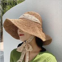 Ymsaid Новая модная соломенная шляпа ручной работы женская летняя солнцезащитная Кепка с козырьком от солнца кружевная Складная Кепка с покрывалом женская летняя пляжная соломенная шляпа