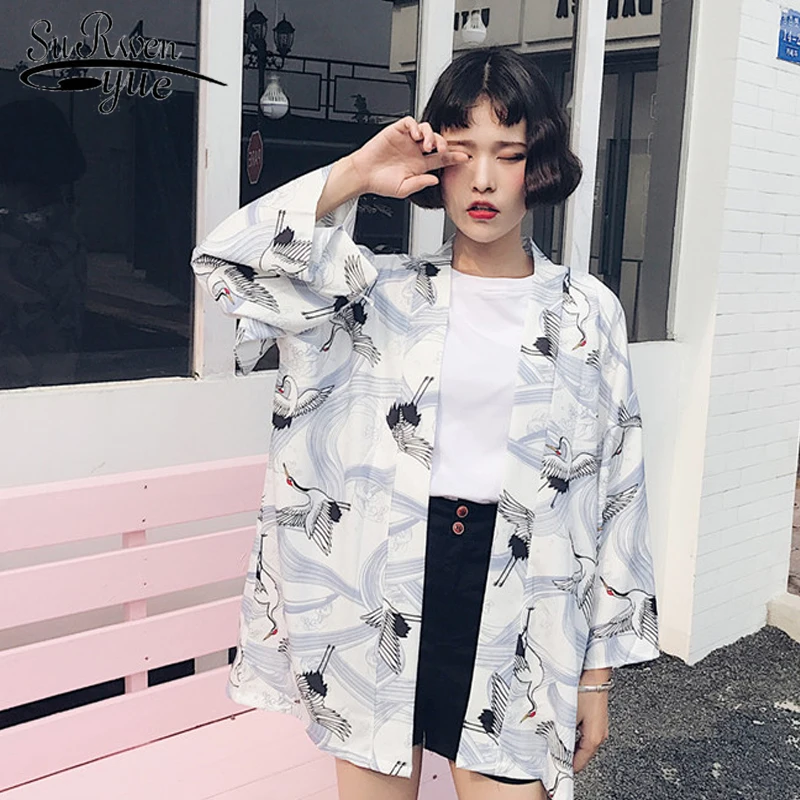 

Vintage Black Kimono Cardigan Women Blouse Shirts Summer Crane Printed Chiffon New 2018 White Cardigan Top Clothing 0719 30