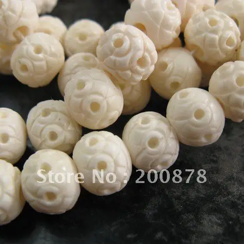 

TSB0460 Tibetan white Yak Bone loose prayer beads,10*8mm,carved hollow flower ball beads,100 beads lot