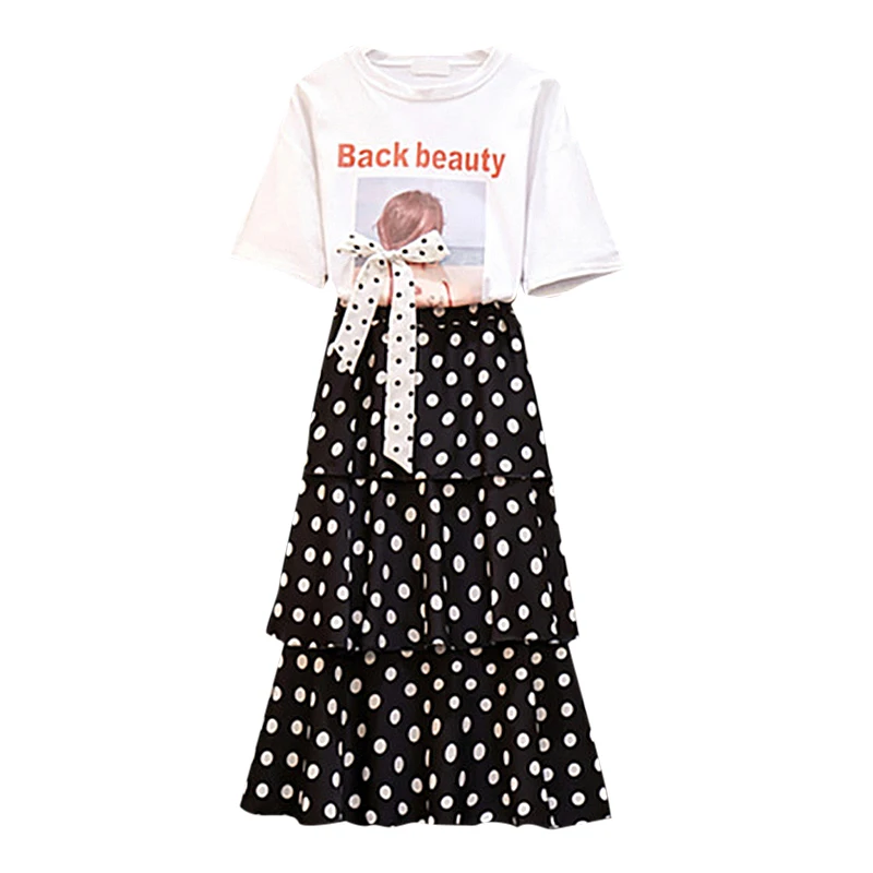 

Hot 2019 Women Summer Outfits Sweet Concise Casual All-match Dot Printed Cartoon Pattern Short Sleeve T-shirt+Skirts 2Pcs Sets
