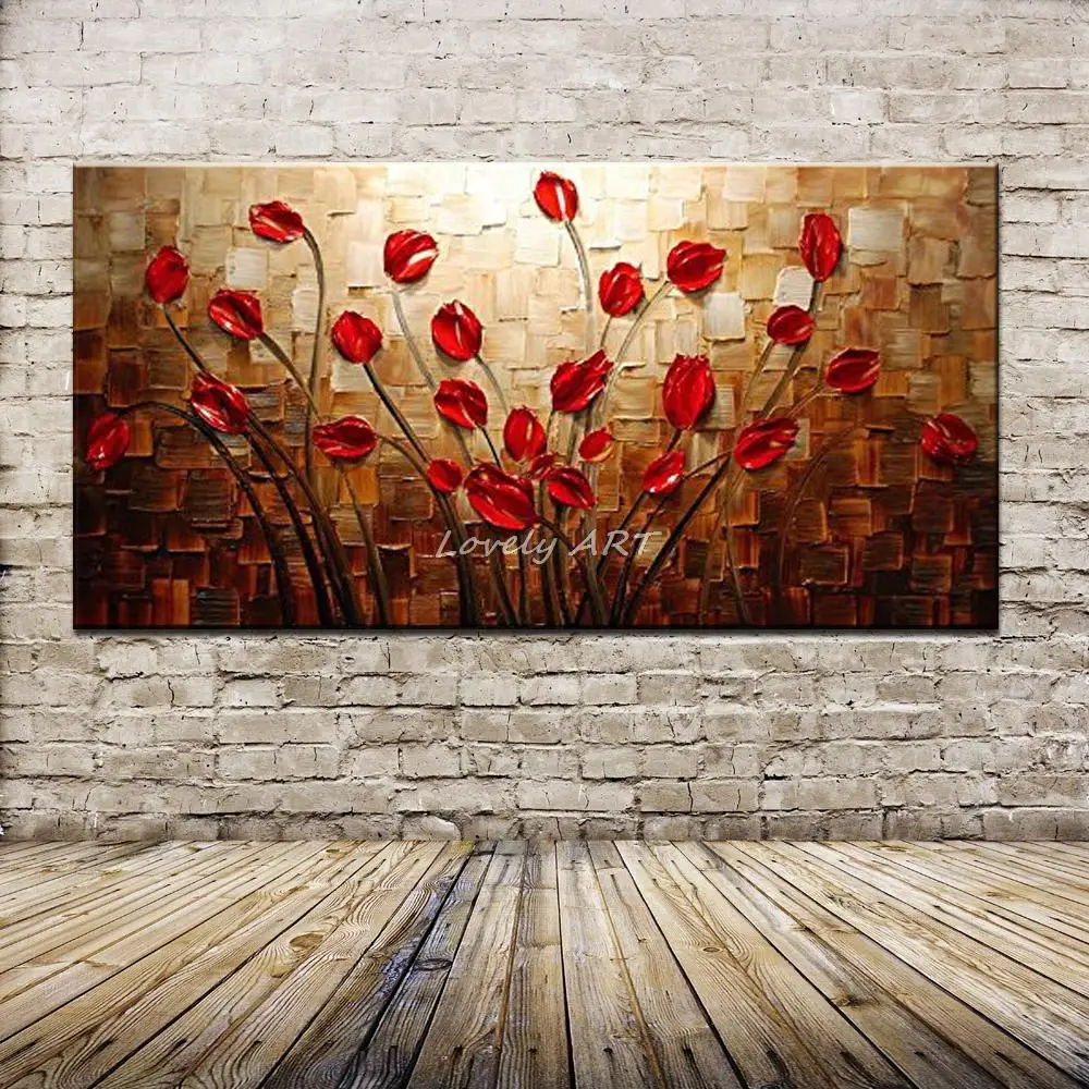 100% Hand Painted Textured Palette Knife Red Flower Oil Painting