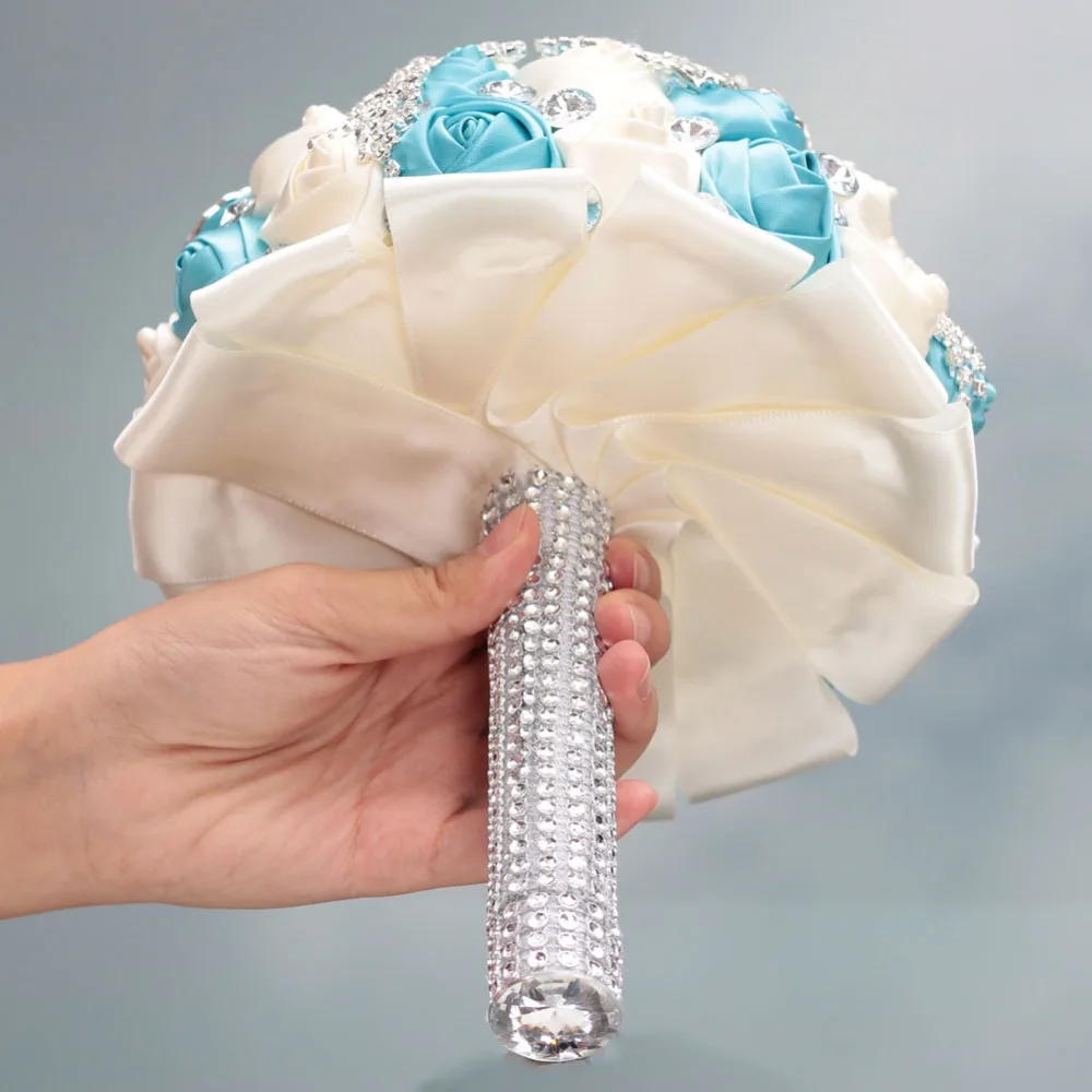 JaneVini блестящие стразы синий цветок украшения для букета невесты атласная роза серебро кристалл брошь невесты бисером держа цветы