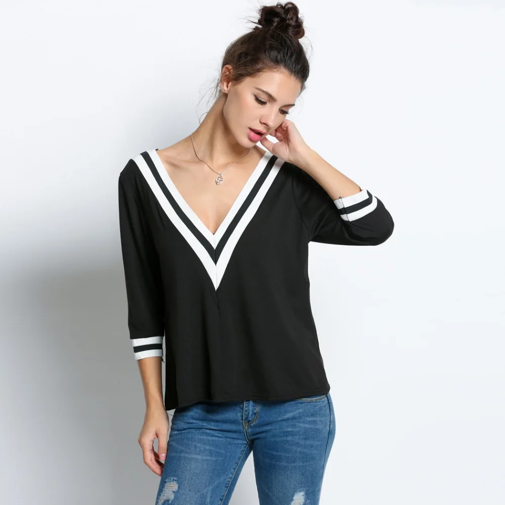 Women Sexy Striped V Neck Loose Tops 3/4 Sleeve T shirt White Black