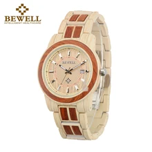 BEWELL New Arrival Unisex Alloy Wood Watch Men And Women Round Quartz Wristwatch 3 Bar Water Risistance Auto Date Watch W1053A 