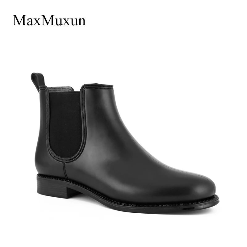 

MaxMuxun Woman Black Solid Elastic Rain Boots Slip On Round Toe Chunky Thick Heel Ankle Boots Women Rubber Platform Rainy Shoes