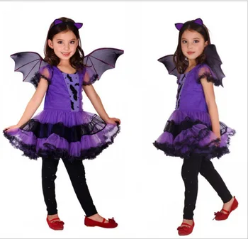 

baby girls batman costume dresses with wings spandex purple children helloween ruffles mask ball kids cosplay clothing