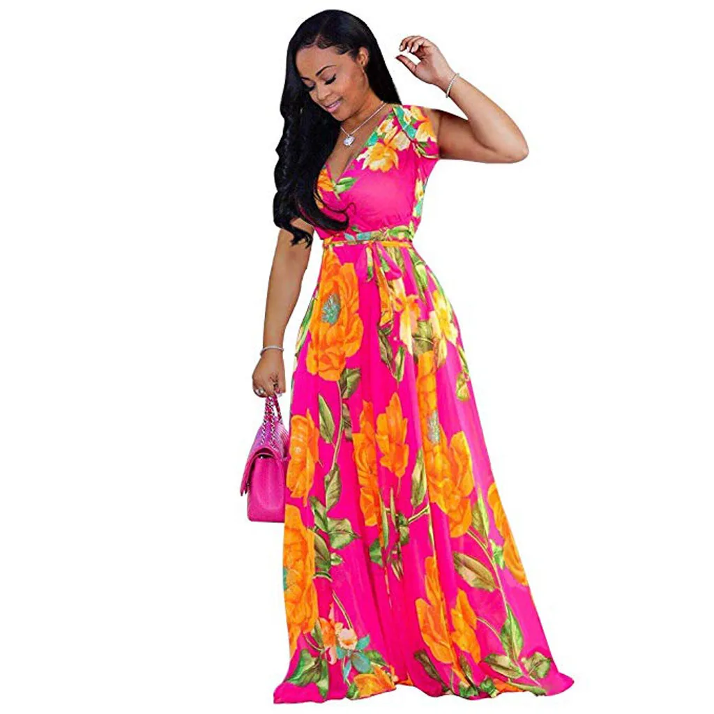 

Multicolor big size dress women Stylish Chiffon V-Neck Printed Floral dress Maxi Dress with Waisted Belt Plus Ropa de mujer #15