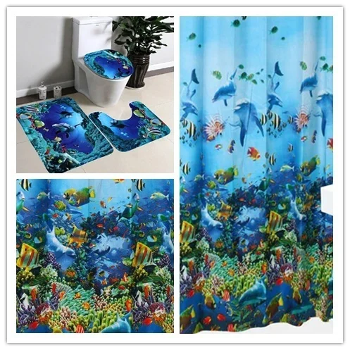 

3pcs/set Ocean Pattern Bath Mat Bathroom Anti-slip Mat Set Flannel Absorbent Toilet Seat Cover Rug Bathroom Accessories