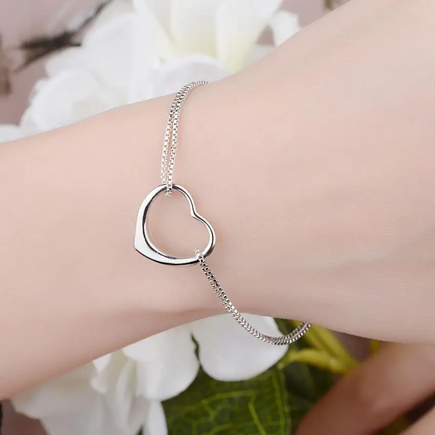 

ZFVB Trendy 925 Silver Heart Bracelets for Women Fashion Wedding Bracelet & Bangles Double Chain Heart Charm Jewelry Gifts